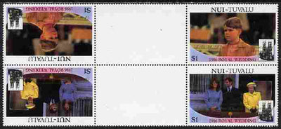 Tuvalu - Nui 1986 Royal Wedding (Andrew & Fergie) $1 with 'Congratulations' opt in gold in unissued perf tete-beche inter-paneau block of 4 (2 se-tenant pairs) unmounted mint from Printer's uncut proof sheet