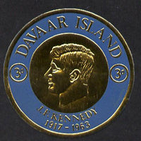 Davaar Island 1965 J F Kennedy 3d coin shaped in gold foil with background colour in blue instead of green unmounted mint (as Rosen D33)