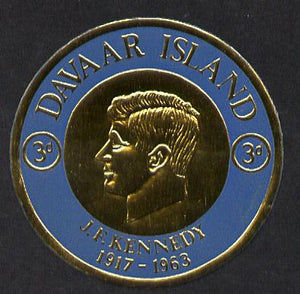 Davaar Island 1965 J F Kennedy 3d coin shaped in gold foil with background colour in blue instead of green unmounted mint (as Rosen D33)