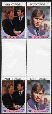 Tuvalu - Nui 1986 Royal Wedding (Andrew & Fergie) 60c with 'Congratulations' opt in gold in unissued perf inter-paneau block of 4 (2 se-tenant pairs) with overprint inverted on one pair unmounted mint from Printer's uncut proof sheet