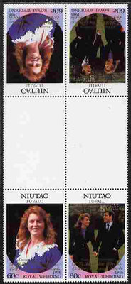 Tuvalu - Niutao 1986 Royal Wedding (Andrew & Fergie) 60c with 'Congratulations' opt in gold in unissued perf tete-beche inter-paneau block of 4 (2 se-tenant pairs) unmounted mint from Printer's uncut proof sheet