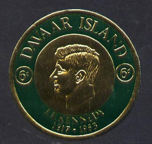 Davaar Island 1965 J F Kennedy 6d coin shaped in gold foil with background colour in green instead of mauve unmounted mint (as Rosen D34)