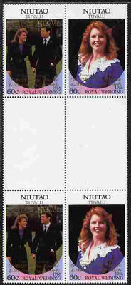 Tuvalu - Niutao 1986 Royal Wedding (Andrew & Fergie) 60c with 'Congratulations' opt in gold in unissued perf inter-paneau block of 4 (2 se-tenant pairs) unmounted mint from Printer's uncut proof sheet