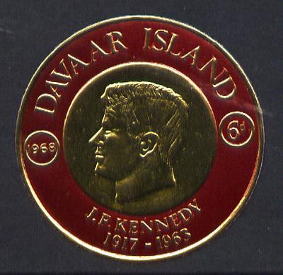 Davaar Island 1968 J F Kennedy 6d coin shaped in gold foil with background colour in red instead of green unmounted mint (as Rosen D119)