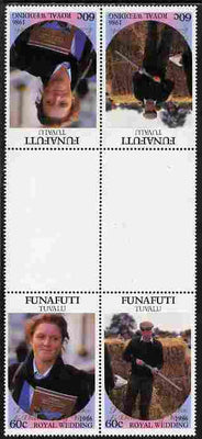 Tuvalu - Funafuti 1986 Royal Wedding (Andrew & Fergie) 60c with 'Congratulations' opt in gold in unissued perf tete-beche inter-paneau block of 4 (2 se-tenant pairs) unmounted mint from Printer's uncut proof sheet