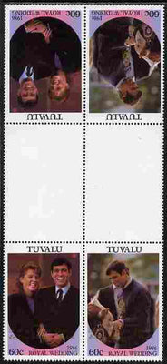 Tuvalu 1986 Royal Wedding (Andrew & Fergie) 60c with 'Congratulations' opt in gold in unissued perf tete-beche inter-paneau block of 4 (2 se-tenant pairs) with overprint inverted on one pair unmounted mint from Printer's uncut pro……Details Below