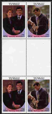 Tuvalu 1986 Royal Wedding (Andrew & Fergie) 60c with 'Congratulations' opt in gold in unissued perf inter-paneau block of 4 (2 se-tenant pairs) with overprint inverted on one pair unmounted mint from Printer's uncut proof sheet, minor wrinkles