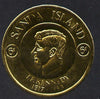 Sanda Island 1965 J F Kennedy 6d coin shaped in gold foil with background colour (mauve) omitted unmounted mint