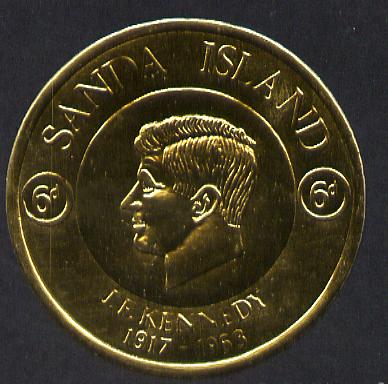 Sanda Island 1965 J F Kennedy 6d coin shaped in gold foil with background colour (mauve) omitted unmounted mint