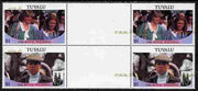 Tuvalu 1986 Royal Wedding (Andrew & Fergie) 60c with 'Congratulations' opt in gold in unissued perf inter-paneau block of 4 (2 se-tenant pairs) with overprint misplaced & inverted on one pair unmounted mint from Printer's uncut proof sheet