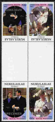 Tuvalu - Nukulaelae 1986 Royal Wedding (Andrew & Fergie) 60c perf tete-beche inter-paneau gutter block of 4 (2 se-tenant pairs) overprinted SPECIMEN in silver (Italic caps 26.5 x 3 mm) unmounted mint from Printer's uncut proof sheet
