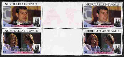 Tuvalu - Nukulaelae 1986 Royal Wedding (Andrew & Fergie) $1 perf inter-paneau gutter block of 4 (2 se-tenant pairs) overprinted SPECIMEN in silver (Italic caps 26.5 x 3 mm) unmounted mint from Printer's uncut proof sheet