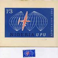 Nigeria 1961 Admission into UPU superb piece of original artwork for 1s3d value probably by M Goaman, very similar to issued stamp, size 6.5"x4" plus stamp-size black & white photographic reproduction