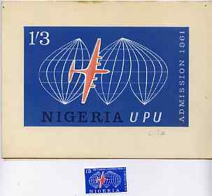 Nigeria 1961 Admission into UPU superb piece of original artwork for 1s3d value probably by M Goaman, very similar to issued stamp, size 6.5"x4" plus stamp-size black & white photographic reproduction