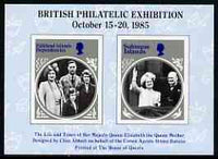 Exhibition souvenir sheet for 1985 British Philatelic Exhibition showing imperf Queen Mother stamps from Falklands & Solomon Is, unmounted mint