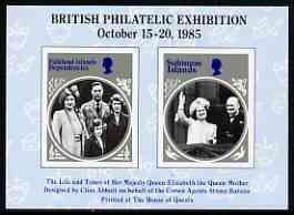 Exhibition souvenir sheet for 1985 British Philatelic Exhibition showing imperf Queen Mother stamps from Falklands & Solomon Is, unmounted mint
