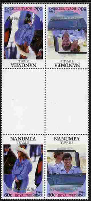 Tuvalu - Nanumea 1986 Royal Wedding (Andrew & Fergie) 60c perf tete-beche inter-paneau gutter block of 4 (2 se-tenant pairs) overprinted SPECIMEN in silver (Italic caps 26.5 x 3 mm) unmounted mint from Printer's uncut proof sheet