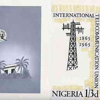 Nigeria 1965 ITU Centenary - original hand-painted artwork for 1s3d value (Microwave Aerial probably by H N G Cowham) on two sheets of card 105 x 185 mm, a) background & b) text with aerial, similar to issued stamp except trees are not in green