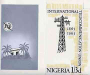 Nigeria 1965 ITU Centenary - original hand-painted artwork for 1s3d value (Microwave Aerial probably by H N G Cowham) on two sheets of card 105 x 185 mm, a) background & b) text with aerial, similar to issued stamp except trees are not in green
