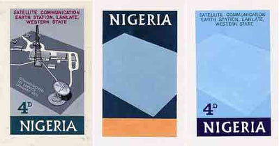 Nigeria 1971 Opening of Earth Satellite Station - set of 3 original hand-painted artworks by unknown artist for 4d value with colour guides for 1s & 2s values, each on card 97 x 164 mm
