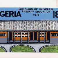 Nigeria 1976 Universal Primary Education - original hand-painted artwork for 18k value showing rural school, by NSP&MCo Staff Artist Samuel A M Eluare, on card 250 x 150 mm endorsed F1