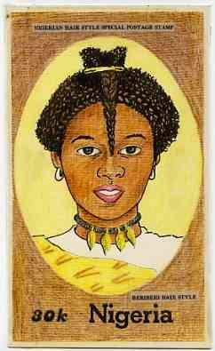 Nigeria 1987 Women's Hairstyles - original hand-painted artwork for 30k value (Beriberi Hair style) by Francis Nwaije Isibor on card 130 x 220 mm endorsed D3 on reverse