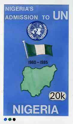 Nigeria 1985 40th Anniversary of United Nations - original hand-painted artwork for 20k value showing UN Emblem, Map & Flag by NSP&MCo Staff Artist Hilda T Woods on card size 130 x 220 mm endorsed A6