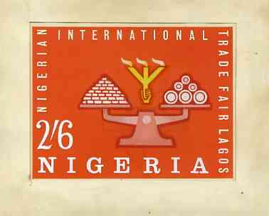 Nigeria 1962 International Trade Fair - original hand-painted artwork for 2s6d value showing scales, possibly by R Hegeman on board 135 x 103 mm