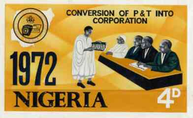 Nigeria 1972 Posts & Telecommunications Corporation - original hand-painted artwork for 4d value showing corporate presentation by NSP&MCo Staff Artist Samuel A M Eluare on card 220 x 130 mm