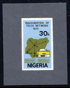 Nigeria 1975 Telex - imperf machine proof of 30k value (as issued stamp) mounted on small piece of grey card believed to be as submitted for final approval