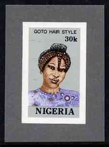 Nigeria 1987 Women's Hairstyles - imperf machine proof of 30k value (as issued stamp) mounted on small piece of grey card believed to be as submitted for final approval