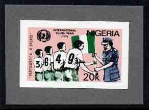 Nigeria 1985 International Youth Year - imperf machine proof of 20k value (as issued stamp) mounted on small piece of grey card believed to be as submitted for final approval