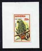 Nigeria 1990 Wildlife - Grey Parrot 20k - imperf machine proof (as issued stamp except inscriptions are smaller) mounted on small piece of card believed to be as submitted for final approval