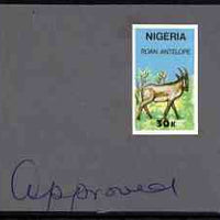 Nigeria 1990 Wildlife - Roan Antelope 30k - imperf machine proof (as issued stamp) mounted on small piece of card endorsed 'Approved'