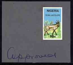 Nigeria 1990 Wildlife - Roan Antelope 30k - imperf machine proof (as issued stamp) mounted on small piece of card endorsed 'Approved'