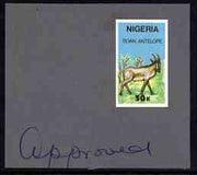 Nigeria 1990 Wildlife - Roan Antelope 30k - imperf machine proof (as issued stamp) mounted on small piece of card endorsed 'Approved'