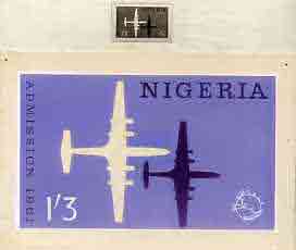 Nigeria 1961 Admission into UPU superb piece of original artwork for 1s3d value probably by M Goaman, similar concept as issued stamp, size 6.5"x4" plus stamp-size black & white photographic reproduction