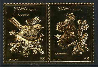 Staffa 1976 Purple Finch (Male & Female) £8 + £8 se-tenant pair perforated & embossed in 23 carat gold foil unmounted mint