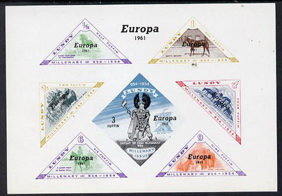 Lundy 1961 Europa opt on Horses imperf m/sheet (Horses & Viking) containing (triangular) set of 7 unmounted mint