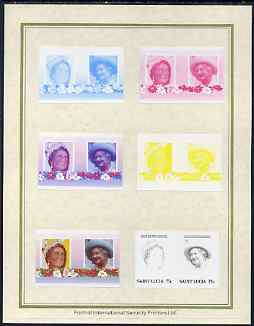 St Lucia 1985 Life & Times of HM Queen Mother (Leaders of the World) 75c set of 7 imperf progressive proof pairs comprising the 4 individual colours plus 2, 3 and all 4 colour composites mounted on special Format International cards (as SG 834a)