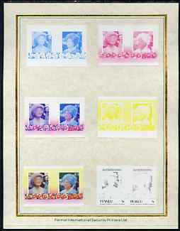 Tuvalu 1985 Life & Times of HM Queen Mother (Leaders of the World) 5c set of 7 imperf progressive proof pairs comprising the 4 individual colours plus 2, 3 and all 4 colour composites mounted on special Format International cards ……Details Below