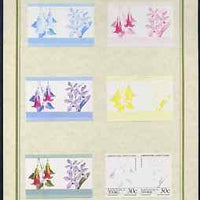Tuvalu - Nanumaga 1985 Flowers (Leaders of the World) 30c set of 7 imperf progressive proof pairs comprising the 4 individual colours plus 2, 3 and all 4 colour composites mounted on special Format International cards (7 se-tenant proof pairs)