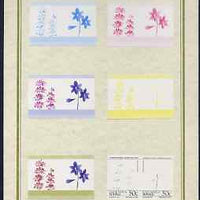 Tuvalu - Nanumaga 1985 Flowers (Leaders of the World) 50c set of 7 imperf progressive proof pairs comprising the 4 individual colours plus 2, 3 and all 4 colour composites mounted on special Format International cards (7 se-tenant proof pairs)