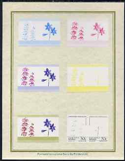 Tuvalu - Nanumaga 1985 Flowers (Leaders of the World) 50c set of 7 imperf progressive proof pairs comprising the 4 individual colours plus 2, 3 and all 4 colour composites mounted on special Format International cards (7 se-tenant proof pairs)