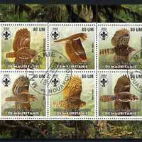 Mauritania 2002 Birds of Prey #1 perf sheetlet containing 6 values cto used (Owls) each with Scout logo