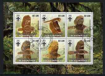 Mauritania 2002 Birds of Prey #1 perf sheetlet containing 6 values cto used (Owls) each with Scout logo