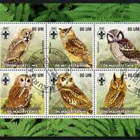 Mauritania 2002 Birds of Prey #6 perf sheetlet containing 6 values cto used (Owls) each with Scout logo