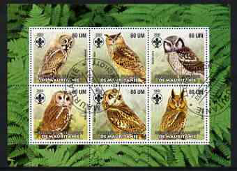 Mauritania 2002 Birds of Prey #6 perf sheetlet containing 6 values cto used (Owls) each with Scout logo