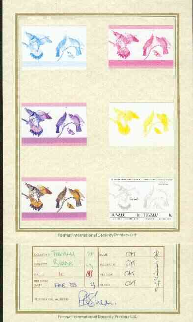 Tuvalu 1985 John Audubon Birds (Leaders of the World) 1c (Woodpecker & Flycatcher) set of 7 imperf progressive proof pairs comprising the 4 individual colours plus 2, 3 and all 4 colour composites mounted on special Format Interna……Details Below