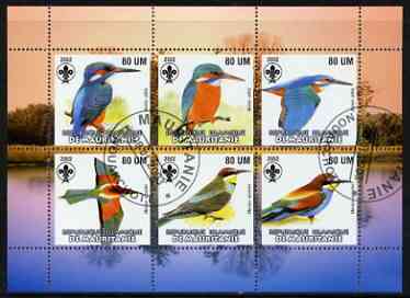 Mauritania 2002 Kingfishers perf sheetlet containing 6 values cto used each with Scout logo